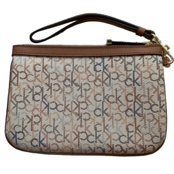 CALVIN KLEIN Wristlet Wallet Brown Leather Multi-Color Signature NWOT - Picture 3 of 8